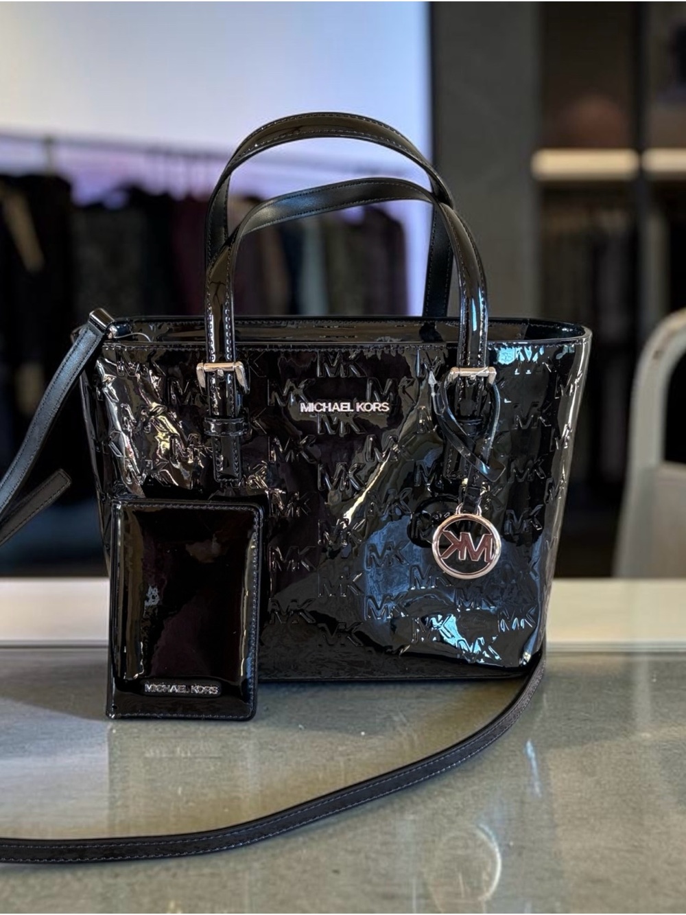 Michael Kors Black Patent Leather Satchel with Logo Charm